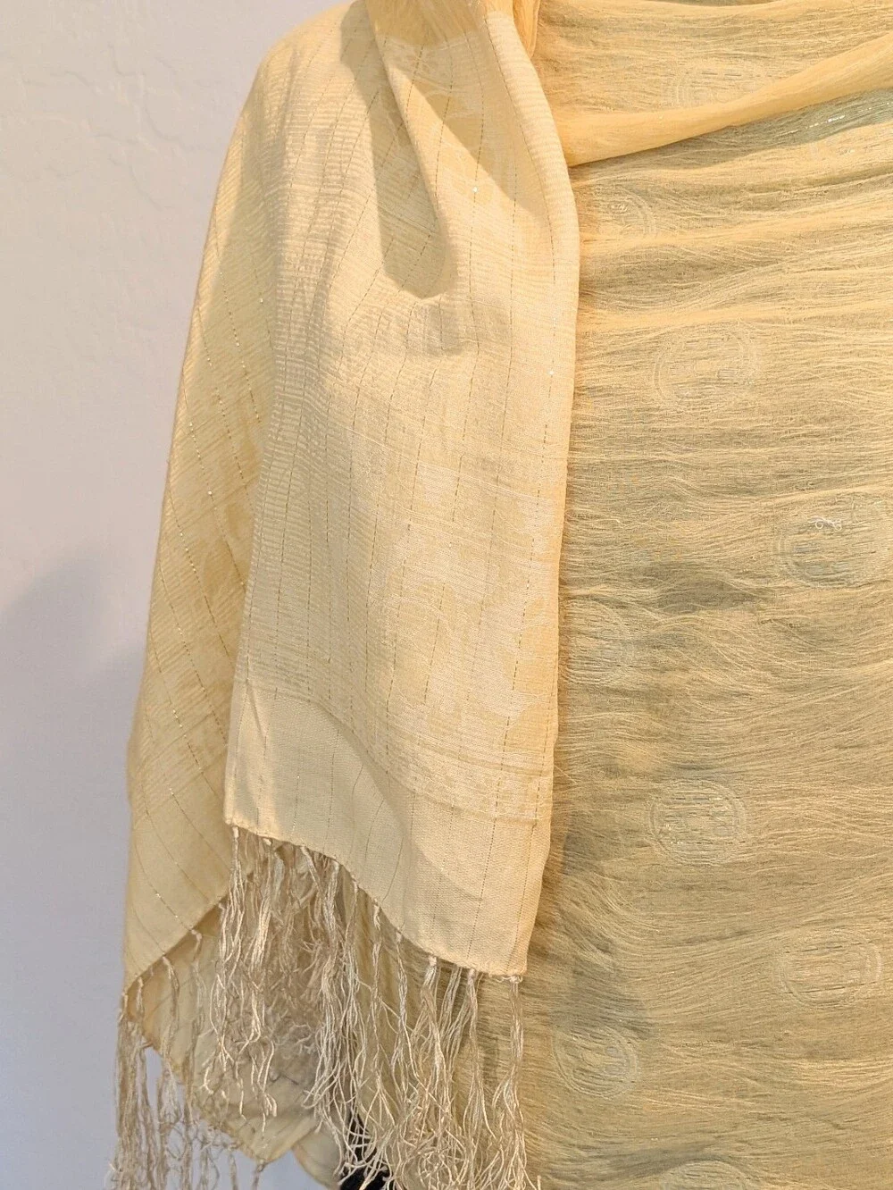 Serendipity 100% Silk Pale Yellow Sheer Gold Thread Fringed 62